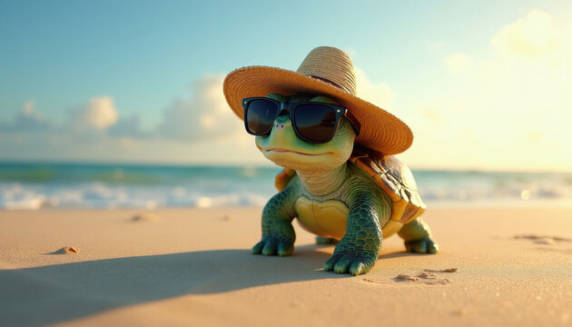 Green turtle with straw hat and sunglasses walks on sandy beach near blue ocean. Cute animal enjoys sunny day by the sea water. Wildlife character on vacation.