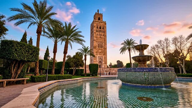 Koutoubia Mosque minaret and tiled fountain at sunset in Marrakech