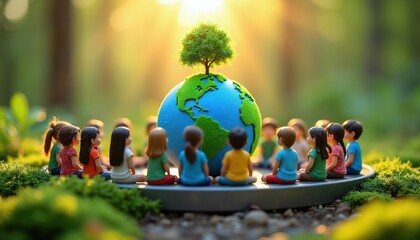 Obraz premium Children sit in circle around tiny planet Earth model. Youngsters learn about global nature, conservation, and ecology. Kids engage in environmental awareness, caring for our world.
