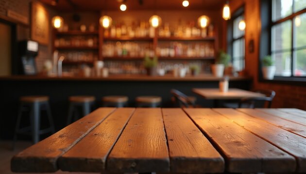Rustic wooden table in bar interior with blurred shelves stocked with bottles. Cozy atmosphere with warm lighting and seating options visible.