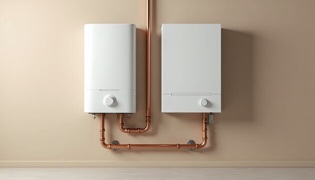 Two white wall mounted boilers with copper pipes are installed on a light beige wall. These modern heating units provide hot water and central heating for a home. They represent efficient energy use.