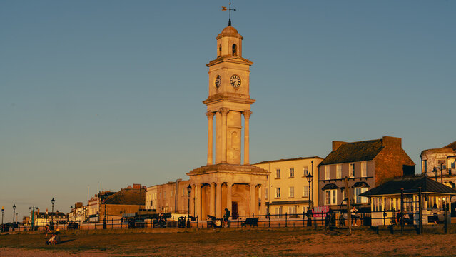Herne Bay, Kent, UK - 25 April 2026: Historic clock tower on the seafront, a well known local landmark near the promenade on a clear day.