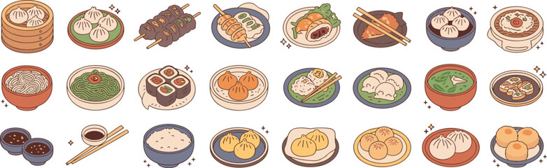 Asian Food Icons Collection Dumplings Noodles and Skewers © Priyom