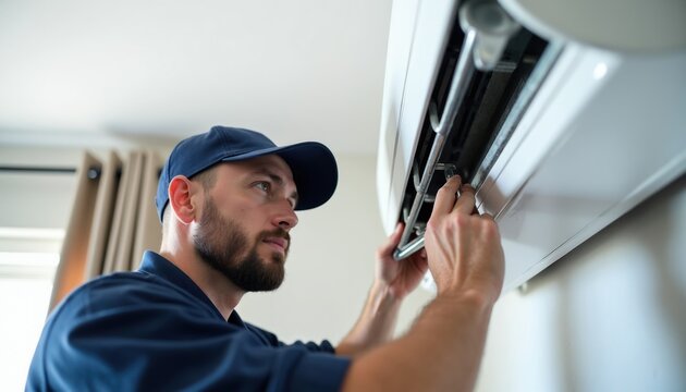 HVAC worker adjusts split air conditioner indoor unit, performs system upkeep. Technician fixes cooling equipment, ensures climate comfort for home or business.