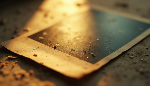 Old photo lying on dusty surface with warm light shining. Image shows texture wear and tear. Blank space allows for custom content. Retro aesthetic.