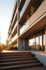 Obraz premium Modern apartment complex exterior with balconies and glass doors. Sunny day illuminates building facade with wooden stpic leading to entrance. Green plants grow on terraces.