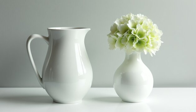 White ceramic jug and vase with light green flower sit on white surface. Simple still life composition provides clean background for decor ideas.