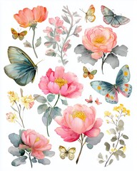 Obraz premium Elegant Watercolor Floral and Butterfly Illustrations for Nature-Themed Designs and Artistic Crafts