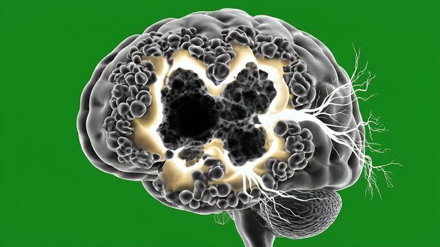 Museum Quality Anatomical CGI Visualization of Glioblastoma Tumor within a Human Brain against Green Background