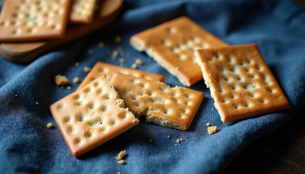 Square crackers on dark blue cloth with scattered crumbs. One cracker broken in half. Simple, rustic food arrangement. Minimalist composition.