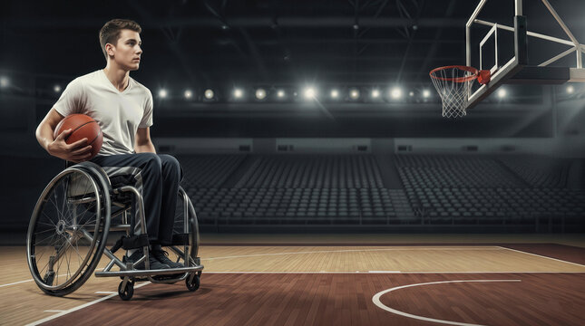 Young man in a wheelchair playing basketball, athlete in a sports arena, determined mood