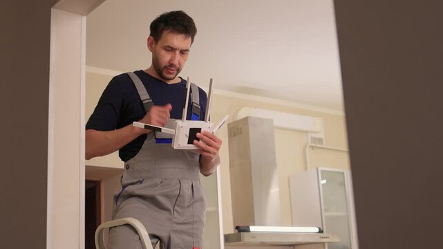 Installer carefully configures network hardware. Professional ensures seamless internet connection by precisely installing and adjusting network components within residence