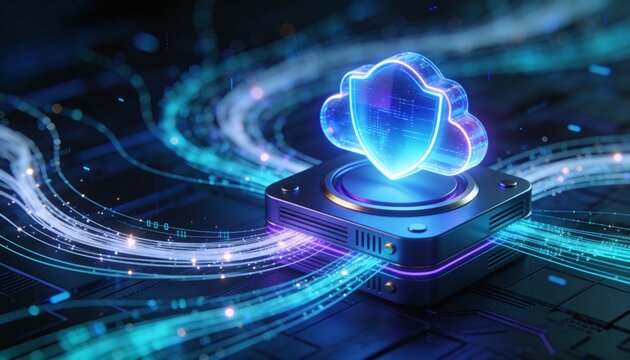 Secure cloud storage protected by digital shield and encrypted data streams, cybersecurity protection for online backup systems and modern cloud computing infrastructure	