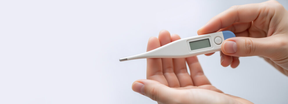 Hands holding a white digital thermometer with a blank screen. Medical healthcare and fever measurement concept