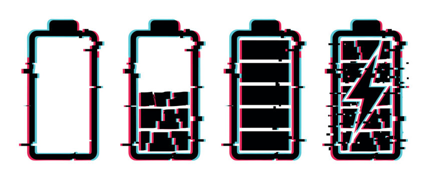 Glitch effect battery icons showing different charge levels, from empty to full and charging, representing digital power status.