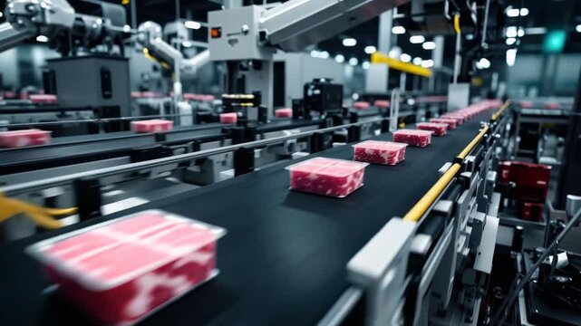 Automated conveyor belt moving packages of raw meat in a food processing plant. Industrial factory with robotic arms and modern manufacturing machinery. Mass production and automation concept