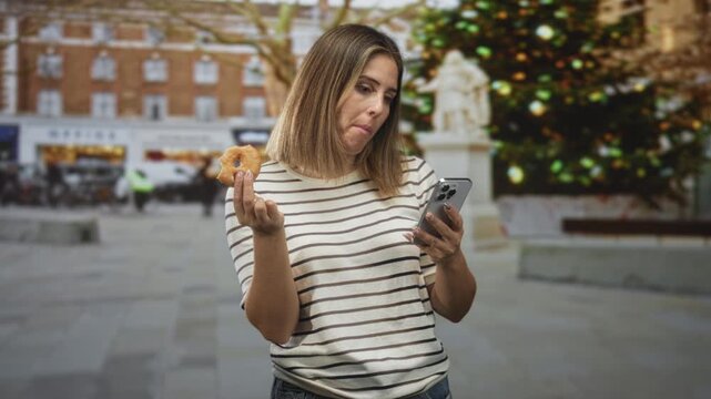 Woman holding a doughnut and smartphone, looks at phone while standing on a street by a decorated plaza statue and christmas tree; quiet distraction.