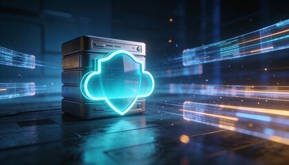 Fototapeta premium Secure cloud storage protected by digital shield and encrypted data streams, cybersecurity protection for online backup systems and modern cloud computing infrastructure 