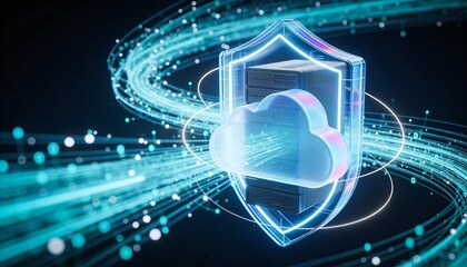 Fototapeta premium Secure cloud storage protected by digital shield and encrypted data streams, cybersecurity protection for online backup systems and modern cloud computing infrastructure 