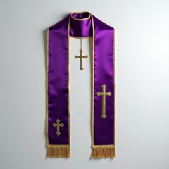 Naklejka premium Purple satin priest stole with gold trim and crosses hangs on white wall. Clergy garment used for religious services. Features intricate embroidery and tassels.