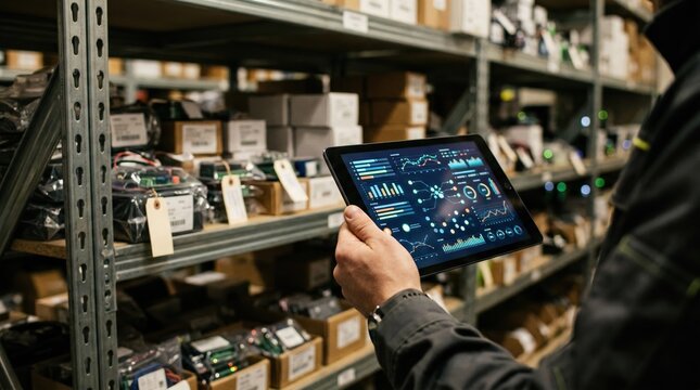 Medium frame highlighting a tablet displaying realtime inventory data devices on shelves behind gently blurred illustrating seamless IoT monitoring.