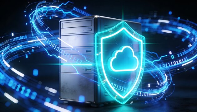 Secure cloud storage protected by digital shield and encrypted data streams, cybersecurity protection for online backup systems and modern cloud computing infrastructure	