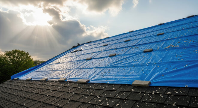 House roof covered with blue tarp for protection during construction or repair against elements