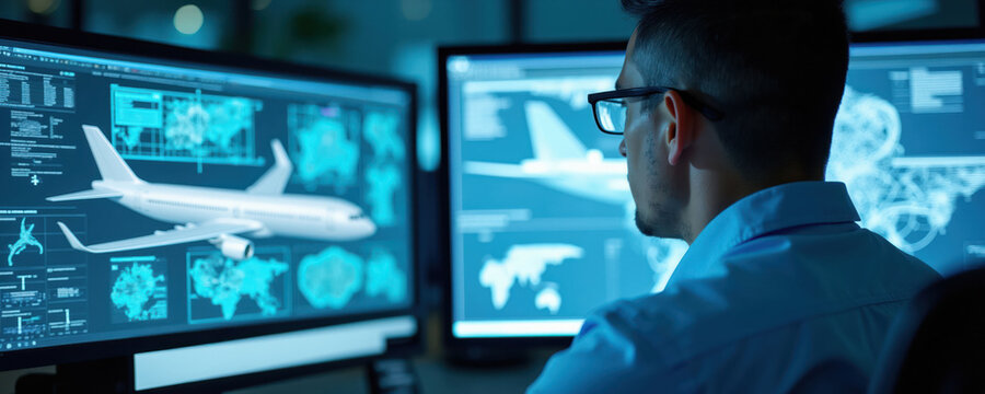 Engineer works on airplane model on computer screen. Man studies aircraft blueprint and 3D design in control room. Technology and aerospace development.