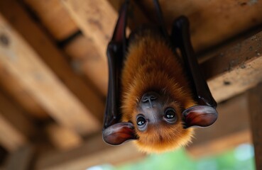 Fototapeta premium Fuzzy brown bat hangs upside down from wooden beam looking directly at camera. This nocturnal mammal with large ears rests outdoors during daytime.