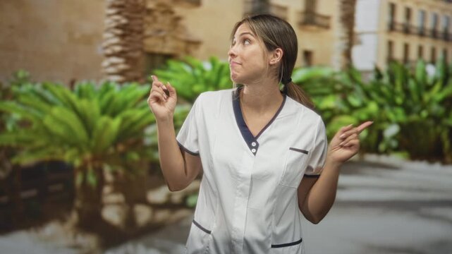 Woman nurse in white tunic shrugging with hands raised and fingers pointed outside a building; bemusement casual ease.