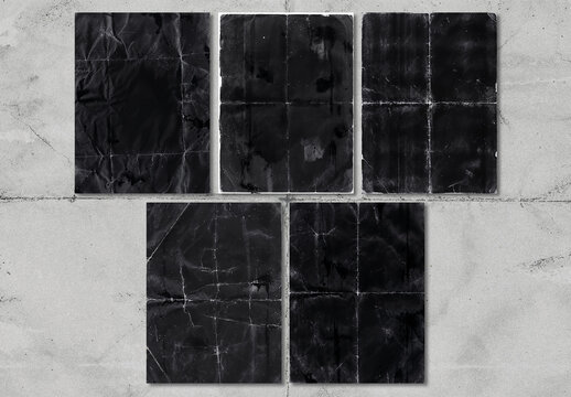Distressed Black Paper Texture Set with Irregular Creases and Vintage Grain