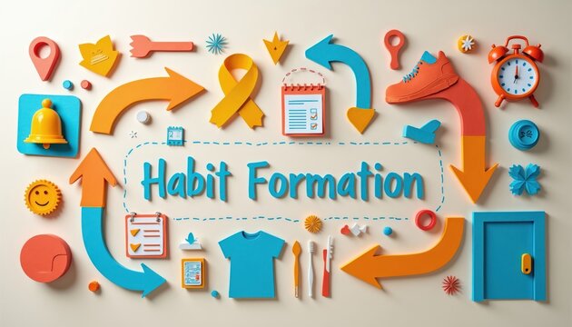 Diagram illustrating habit formation with text and icons like shoes, bells, and alarms. Shows workflow for self-improvement and behavior change with arrows, task lists, and doors.