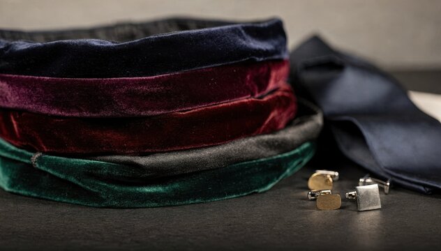 Midframe shot of an array of velvet cummerbunds stacked together with satin ties and cufflinks softly out of focus emphasizing texture variety in formal wear.