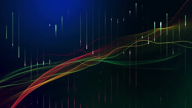 Tech background with neon glowing wavy lines and vertical data bars.