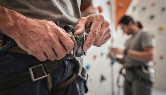 Detailed shot of hands tightening harness buckles on an adult climber with the staff member and outoffocus indoor climbing wall in the background.