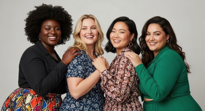 Group of women posing for body positivity, 70s fashion, happy mood, diverse ethnicities