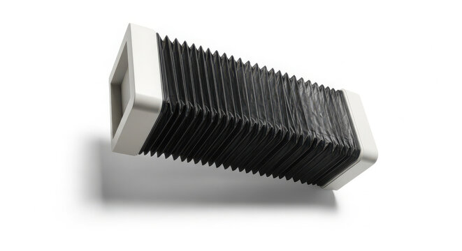 Modern black corrugated flexible bellows or dust collection ducting element featuring elegant white end frames design.