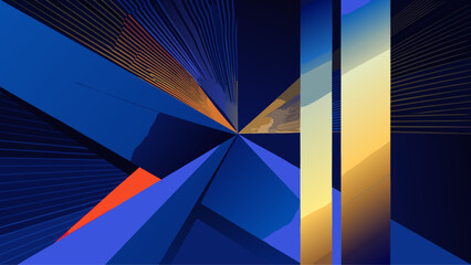 Fototapeta premium Abstract geometric composition with vibrant blue and orange shapes, intersecting lines, and dynamic.