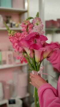 Florist forming a bouquet of pink calla lilies in a flower shop. Florist work concept.