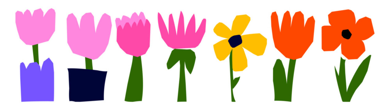 Hand crafted papercut tulips and daisies, vibrant flat flower elements.