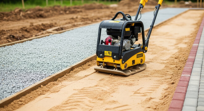 Compaction plate machine working on sandy ground for paving construction site close-up