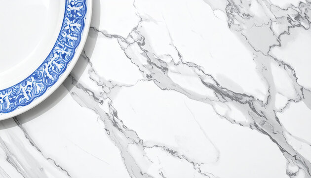 White plate with blue ornate pattern on a white marble surface with grey veining