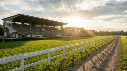 Fototapeta premium Old horse racing stadium grandstands with a green track and white fence bathed in warm sunset light, creating long shadows.