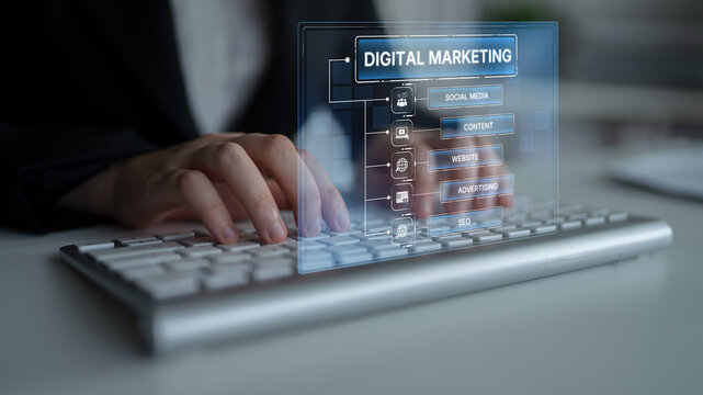 Digital marketing strategy broken down into categories: web, SEO, content, social media, and advertise. Digital tools enhance online marketing success across digital platforms. Spline