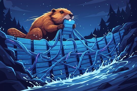 Surreal Beaver Building Data Center Dam Illustration