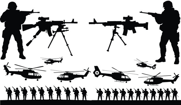 Silhouettes of soldiers holding firearms and military helicopters are arranged in a composition representing armed forces and combat.