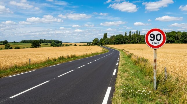 Winding asphalt road with a 90 km/h speed limit sign passing through golden wheat fields under a bright blue sky.