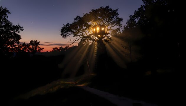 Magical Glowing Treehouse in Oak Tree at Sunset with Light Rays