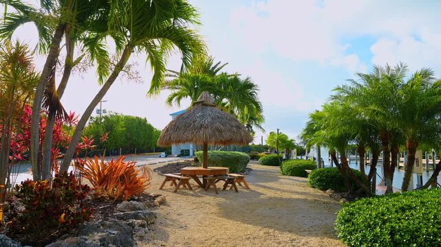 Tiki picnic area with palms near marina. Thatched picnic shelter surrounded by palm trees beside marina canal in Key West Florida.
