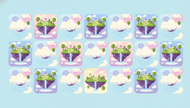 Floating Island and Rainy Cloud Icon Seamless Pattern